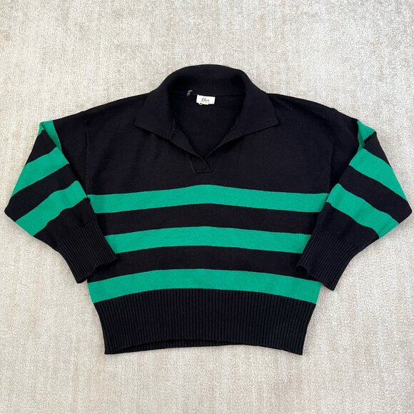 Elan Rugby Stripe V Neck Polo Pullover Sweater L Black Green - Picture 1 of 10